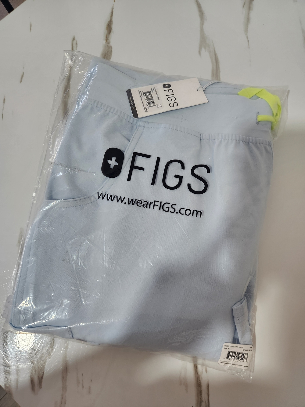 FIGS Women's Scrub Pants Kade Cargo Scrub Baby Blue with Neon Drawstring